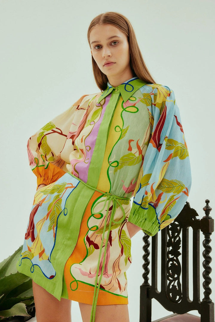 Green Abstract Printed Collared Neck Dress