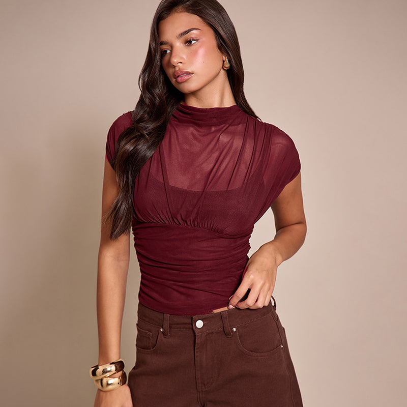 Maroon Short Sleeve Mesh Top