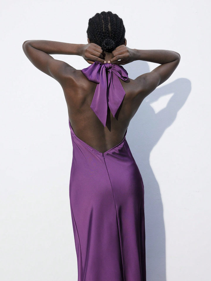Purple Satin Back Bow Tie Up Maxi