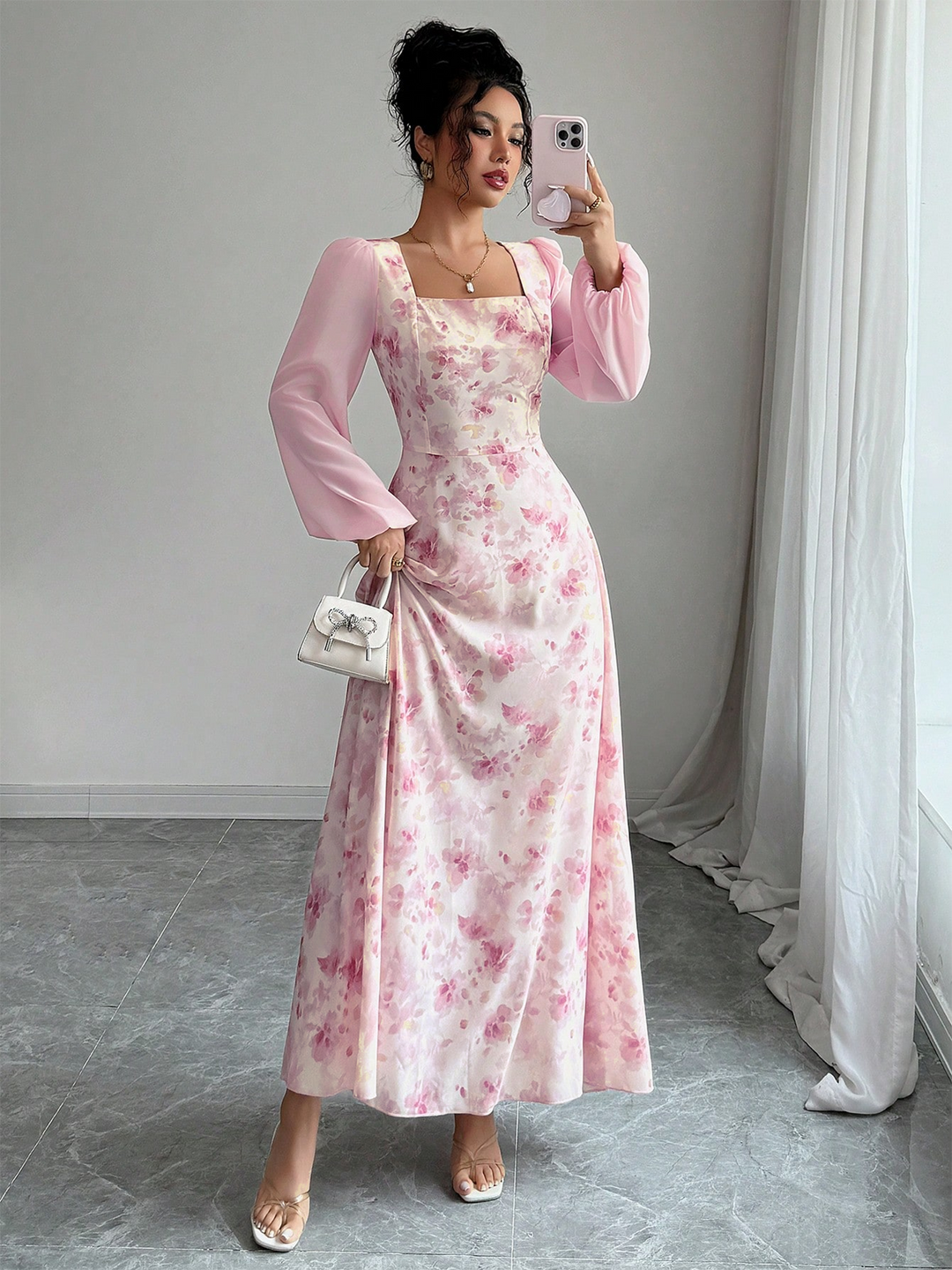 Pink Square Neck Balloon Sleeve Floral Dress