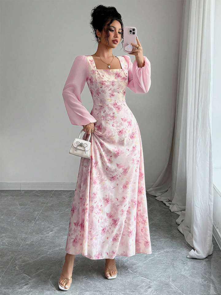 Pink Square Neck Balloon Sleeve Floral Dress