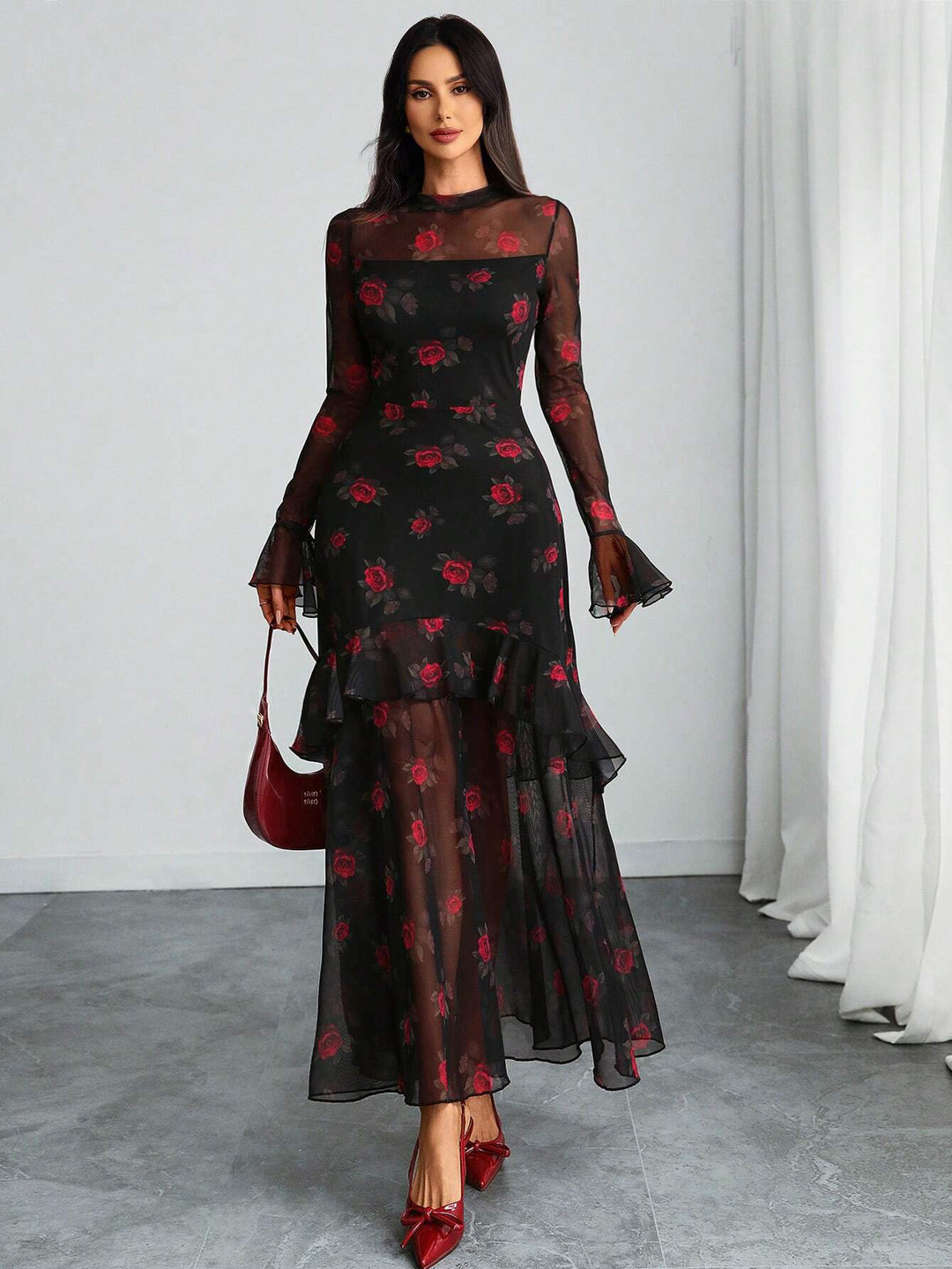 Black Bell Sleeve Printed Ruffle Detail Dress