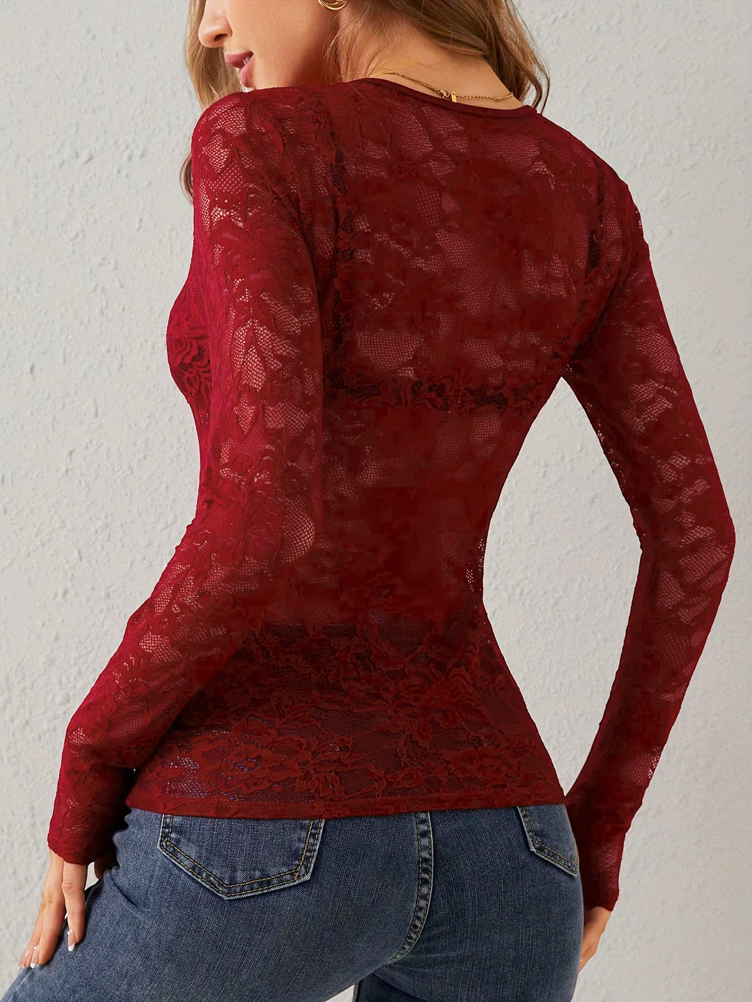 Maroon Scallop Neck Lace Detail Top