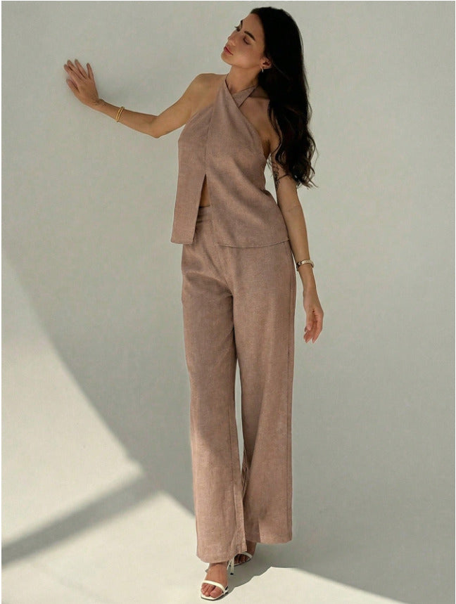 Brown Halter Neck Top And Pant Set