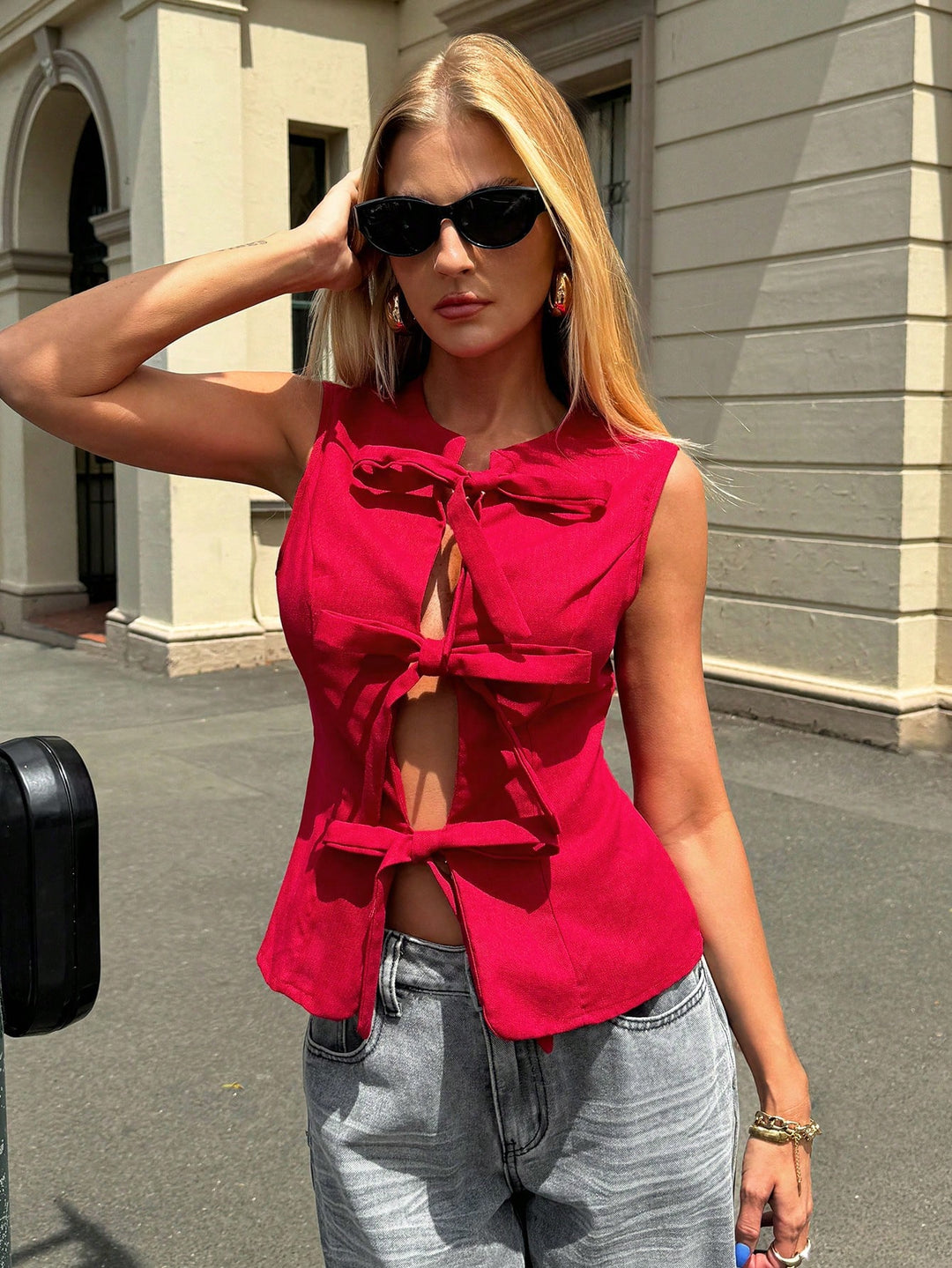 Red Solid Bow Tie Up Top