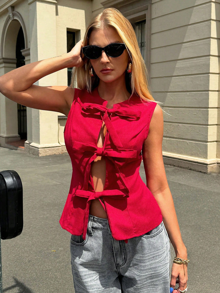 Red Solid Bow Tie Up Top