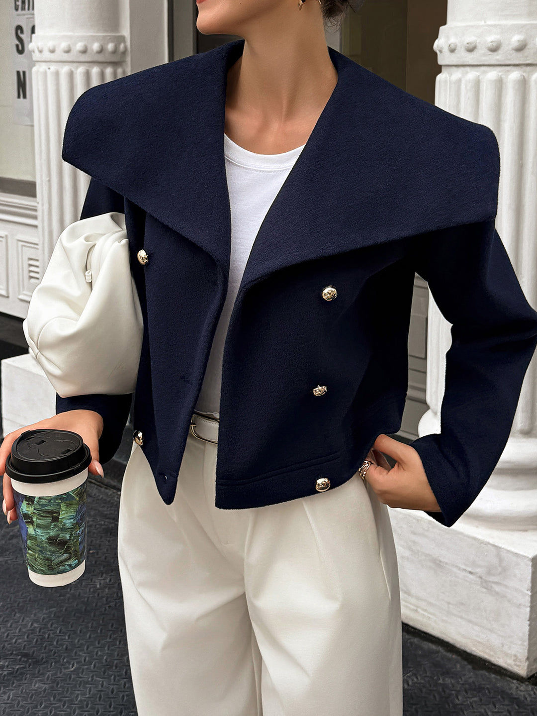 Navy Blue Full Sleeve Stylized Collar Coat