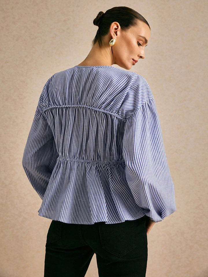 Blue Double Seam Bow Tie Up Blouse