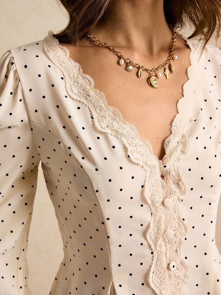 White Polka Dotted Top With Lace Inserts