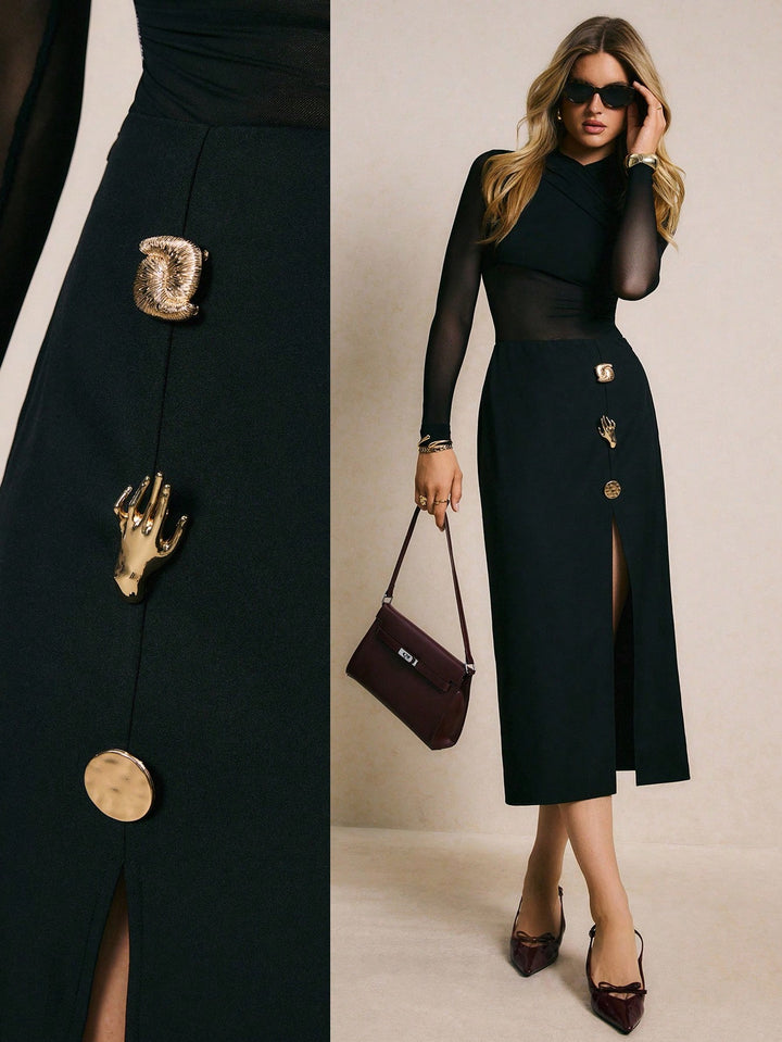 Black Slit Skirt With Metal Trims