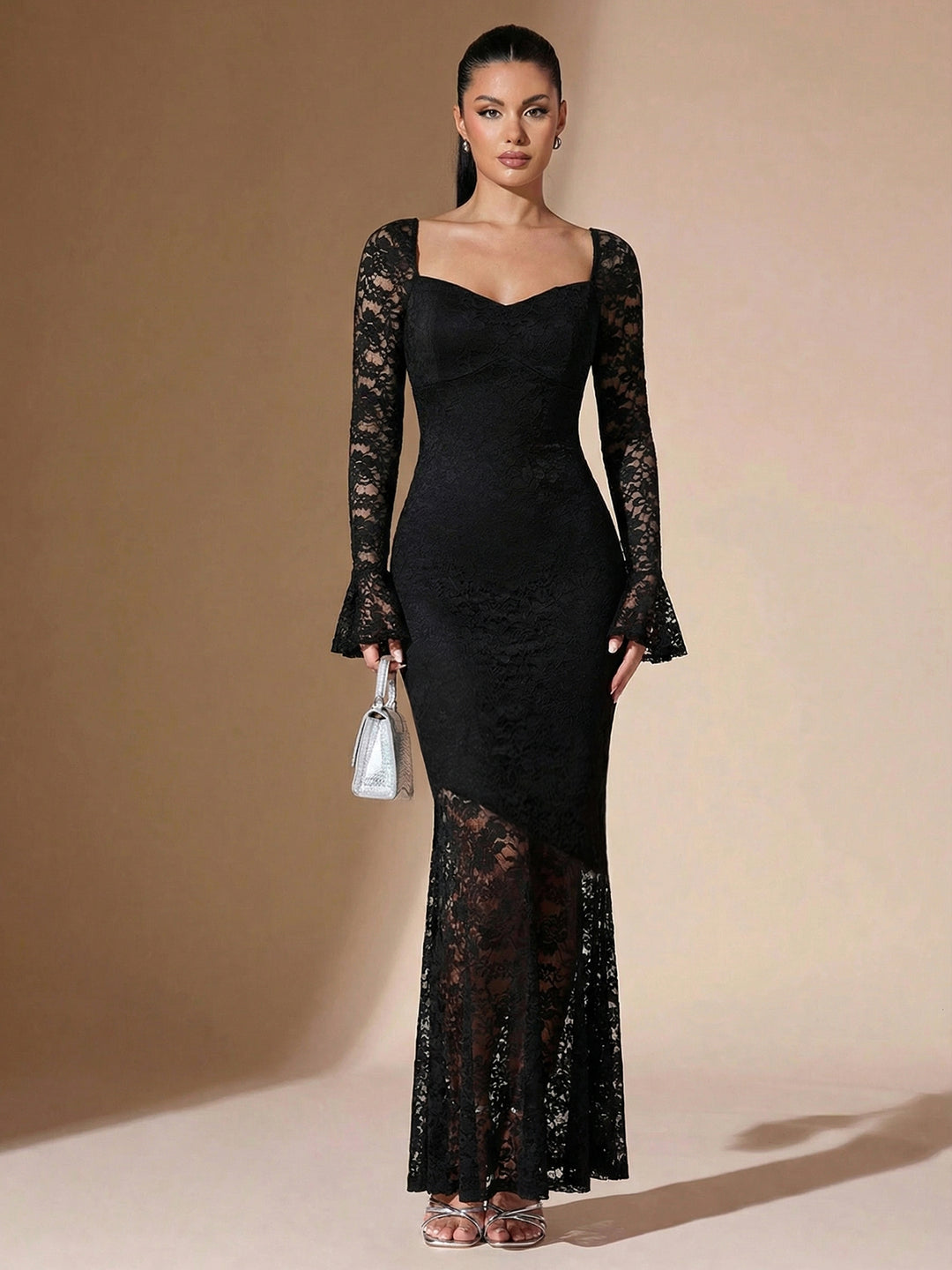 Black Bell Sleeve Sweetheart Neck Dress