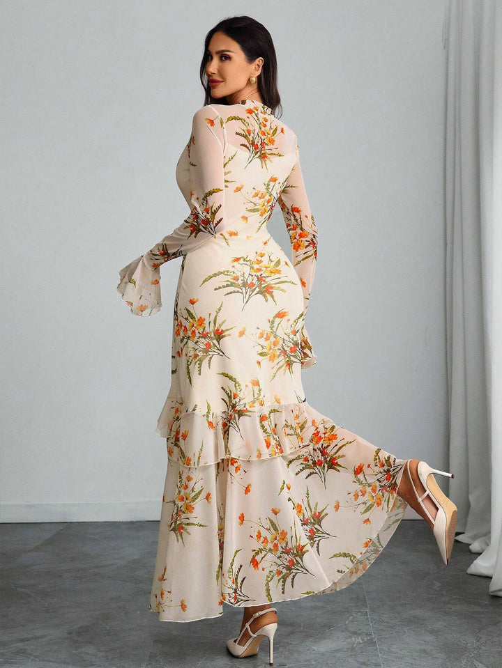Off White Bell Sleeve Printed Ruffle Detail Dress