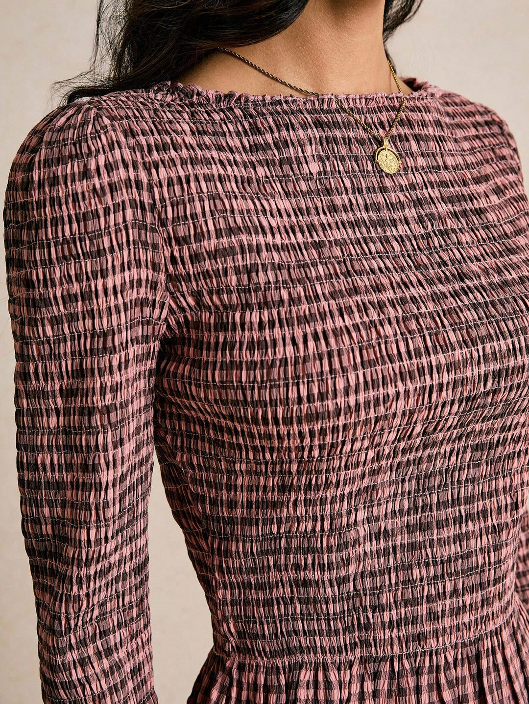 Multi Boat Neck Checkered Smocked Top
