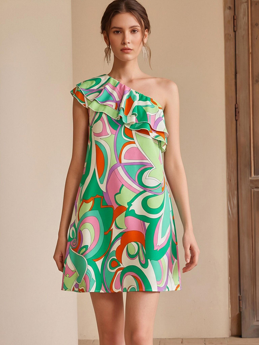 Green One Shoulder Ruffle Detail Dress