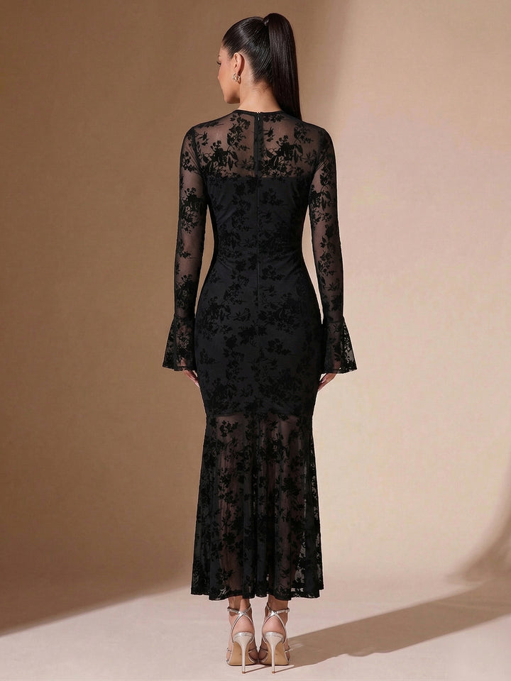 Black Full Sleeve Lace Detail Dress