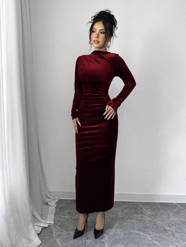 Maroon Full Sleeve Mock Neck Fitted Dress