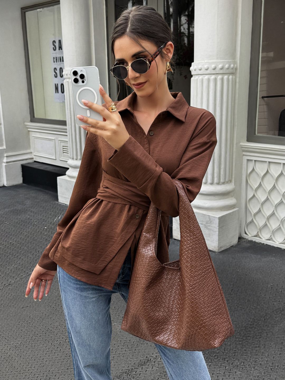 Brown Full Sleeve Waist Wrap Shirt