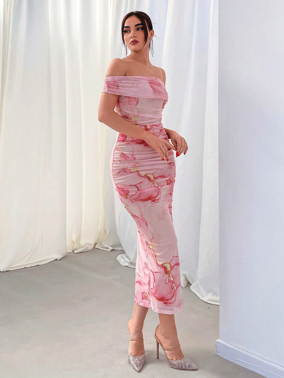 Pink Off Shoulder Floral Printed Dress