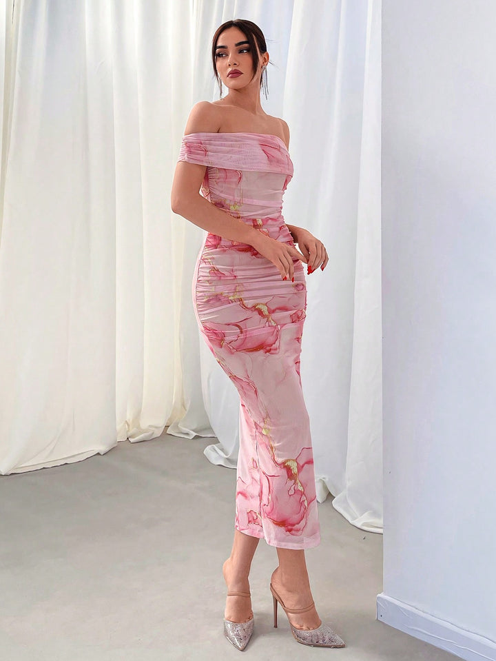 Pink Off Shoulder Floral Printed Dress