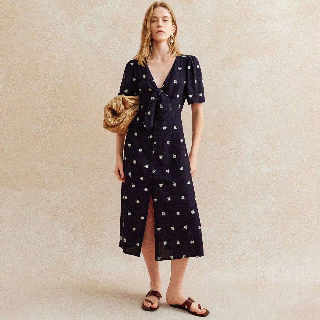 Navy Blue Short Sleeve V Neck Front Slit Dress