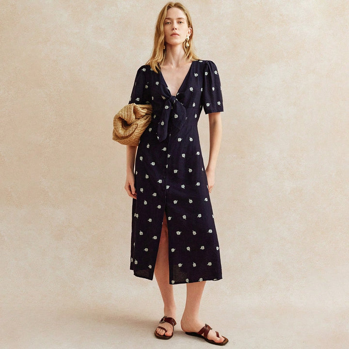 Navy Blue Short Sleeve V Neck Front Slit Dress
