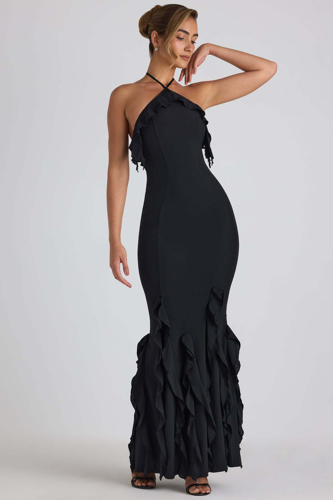 Black Halter Neck Ruffle Detail Dress