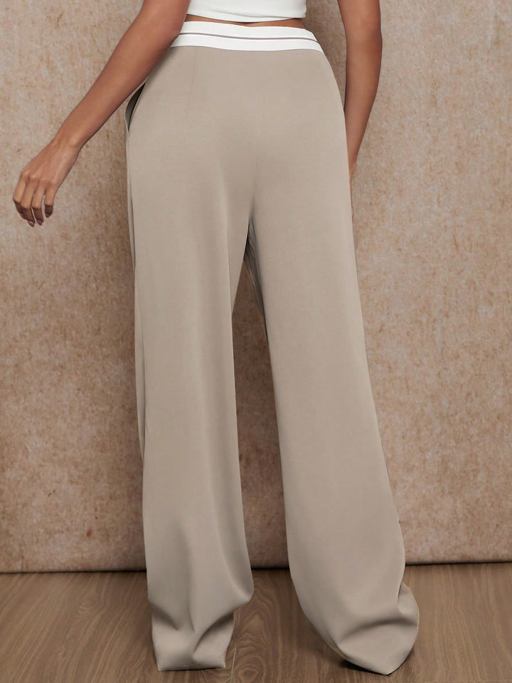 Beige Contrast Waist Band Wide Leg Trouser