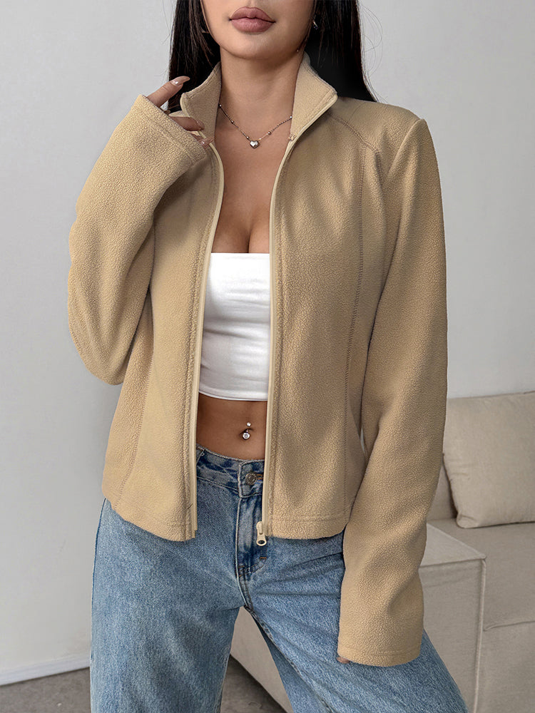 Khaki Full Sleeve Front Zip Collared Jacket