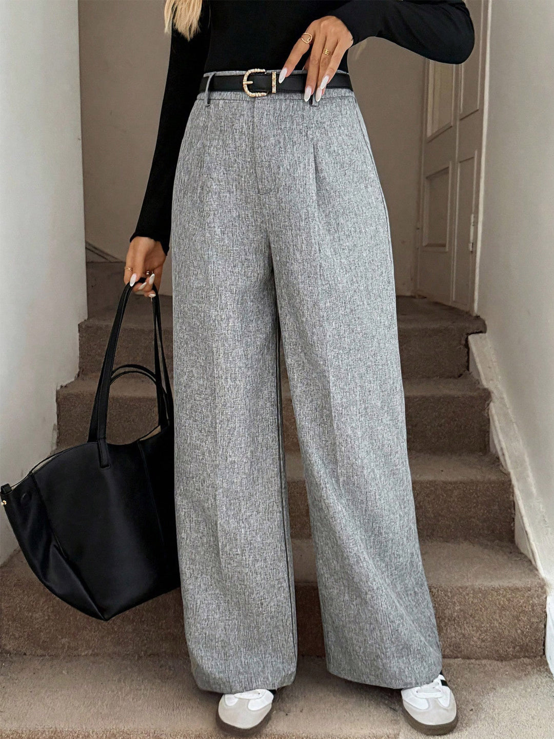 Grey High Waist Wide Leg Trousers