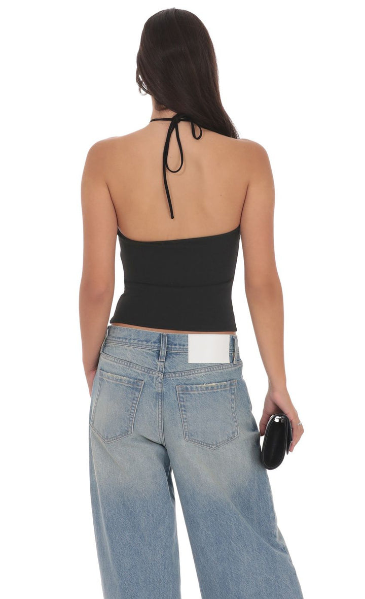 Black Halter Neck Floral Trim Top