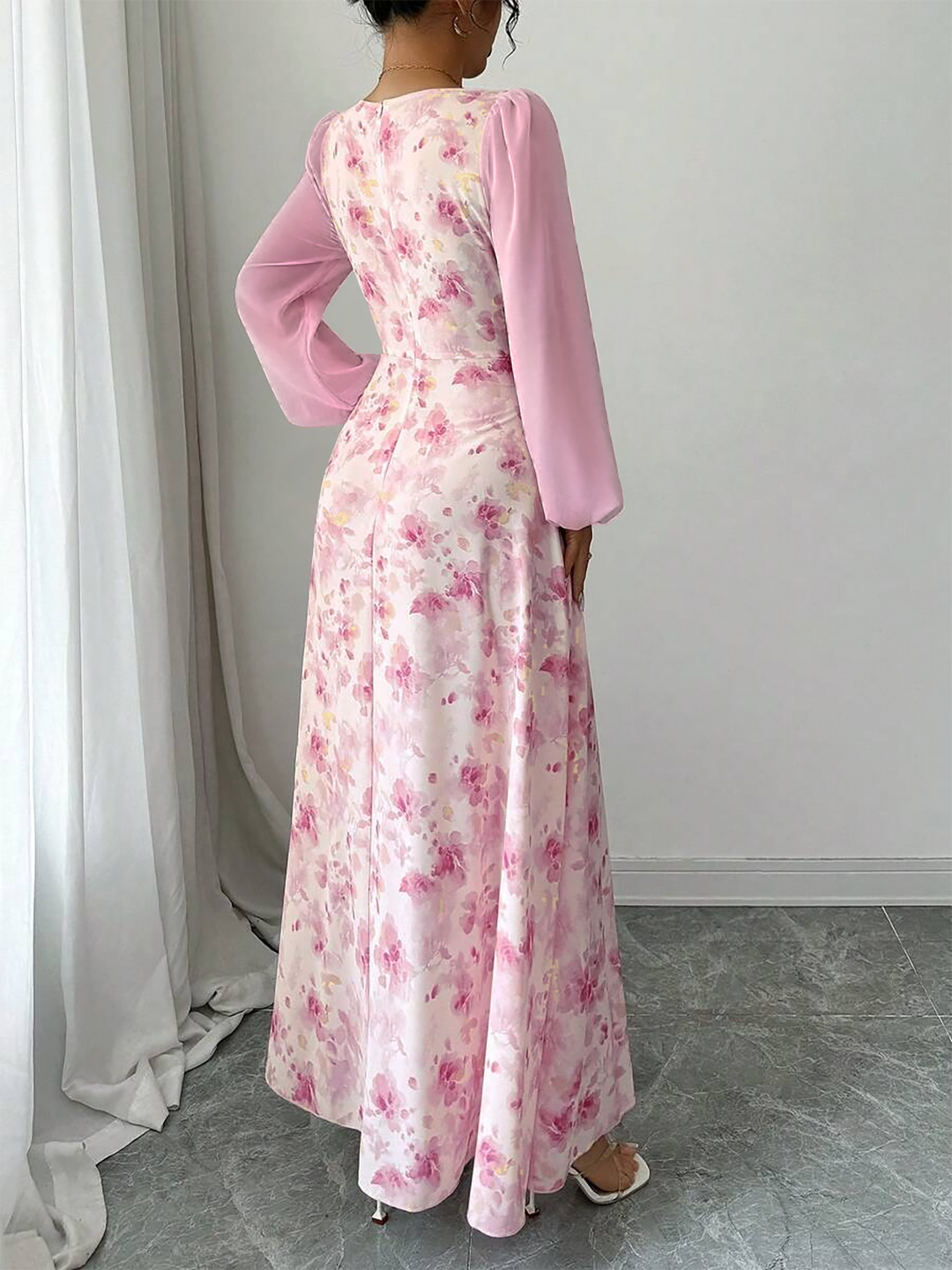 Pink Square Neck Balloon Sleeve Floral Dress