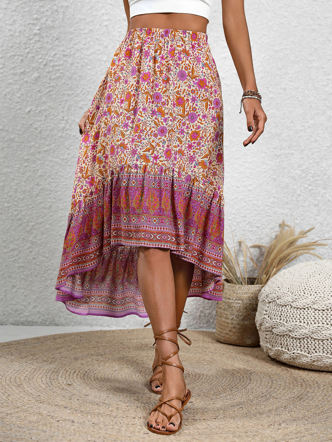 Multi High Waist Ruffle Hem Printed Skirt
