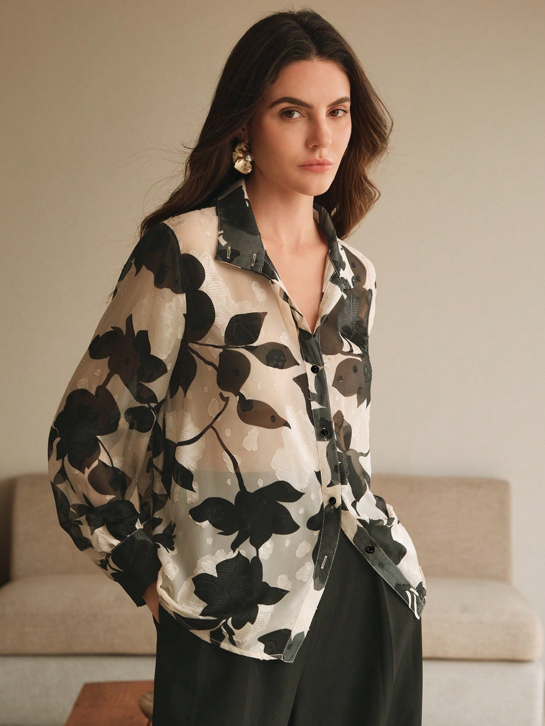 Off White Floral Textured Shirt
