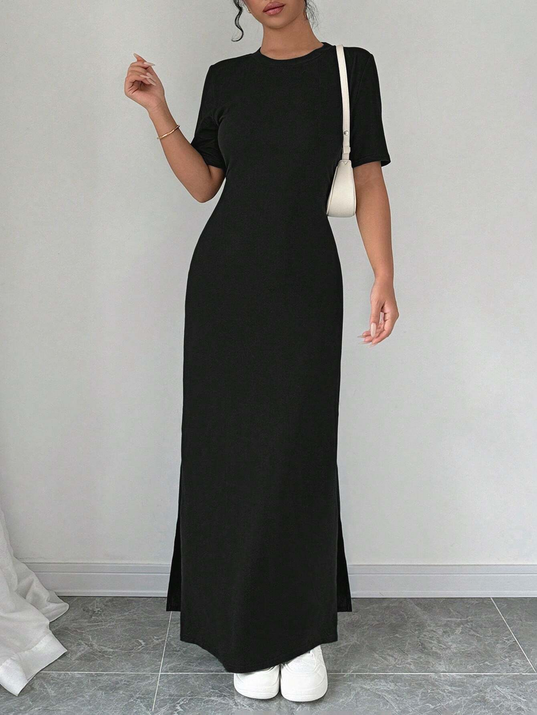Black Short Sleeve Crew Neck Slit Dress