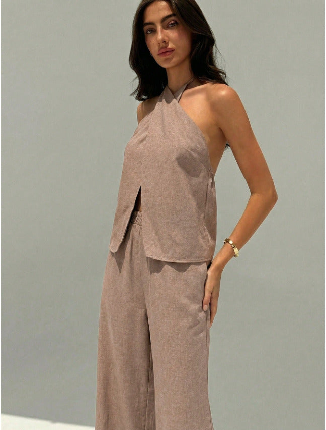 Brown Halter Neck Top And Pant Set