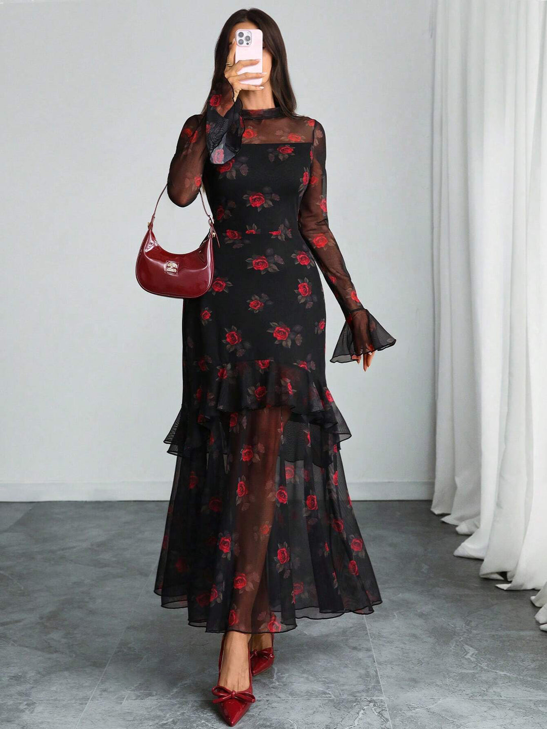 Black Bell Sleeve Printed Ruffle Detail Dress