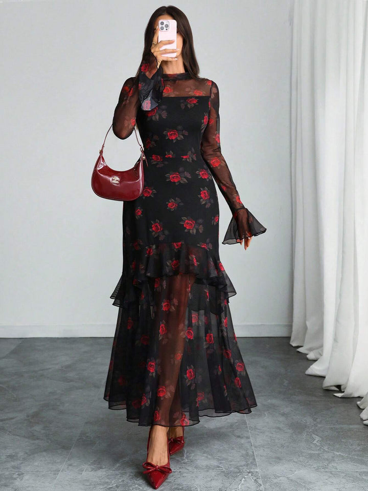 Black Bell Sleeve Printed Ruffle Detail Dress