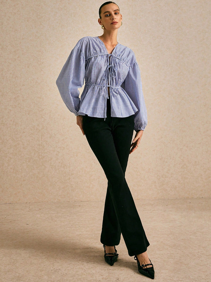 Blue Double Seam Bow Tie Up Blouse