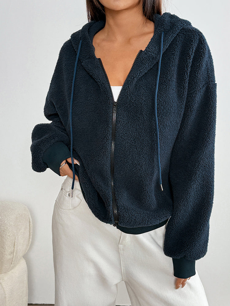 Navy Blue Full Sleeve Slouchy Hooded Jacket