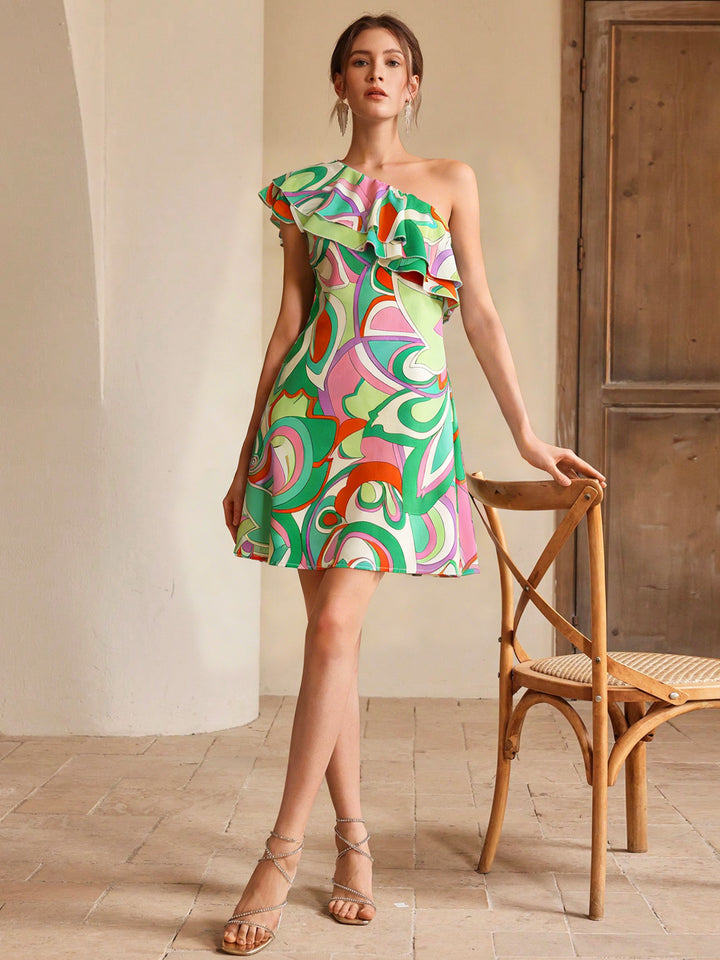 Green One Shoulder Ruffle Detail Dress