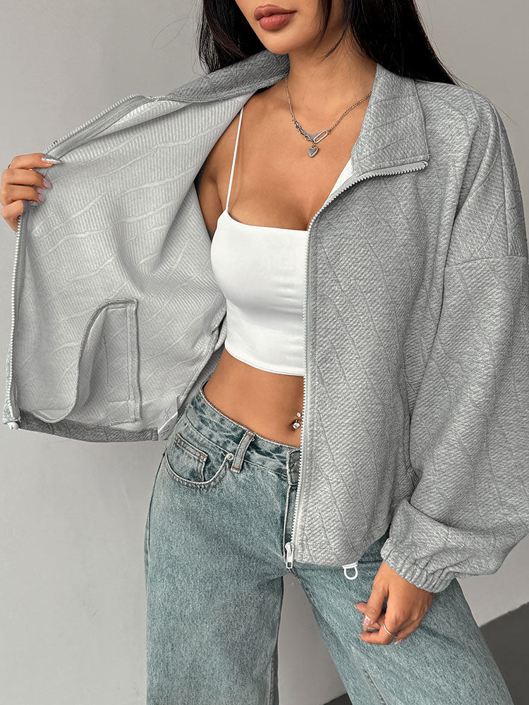 Grey Full Sleeve Collarded Front Zip Jacket