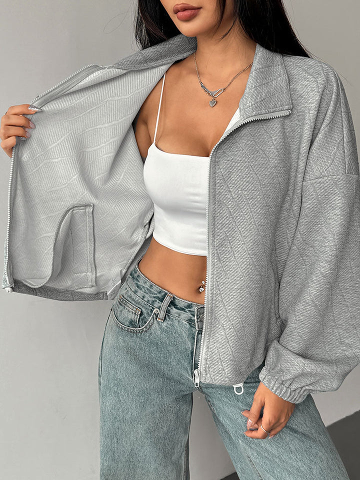 Grey Full Sleeve Collarded Front Zip Jacket