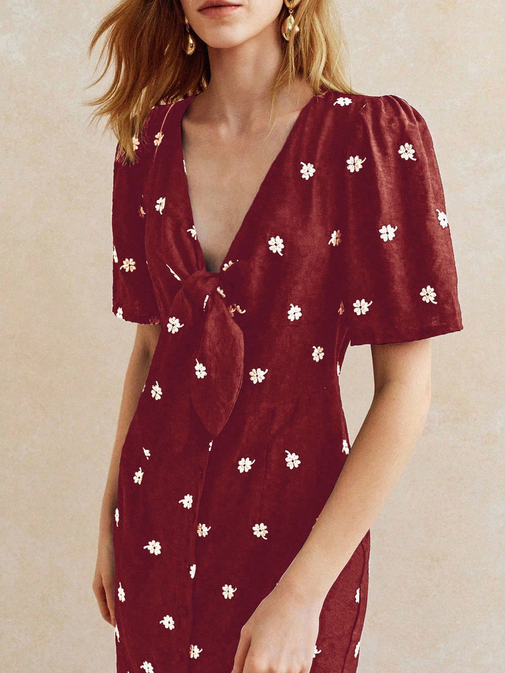 Maroon Short Sleeve V Neck Front Slit Dress