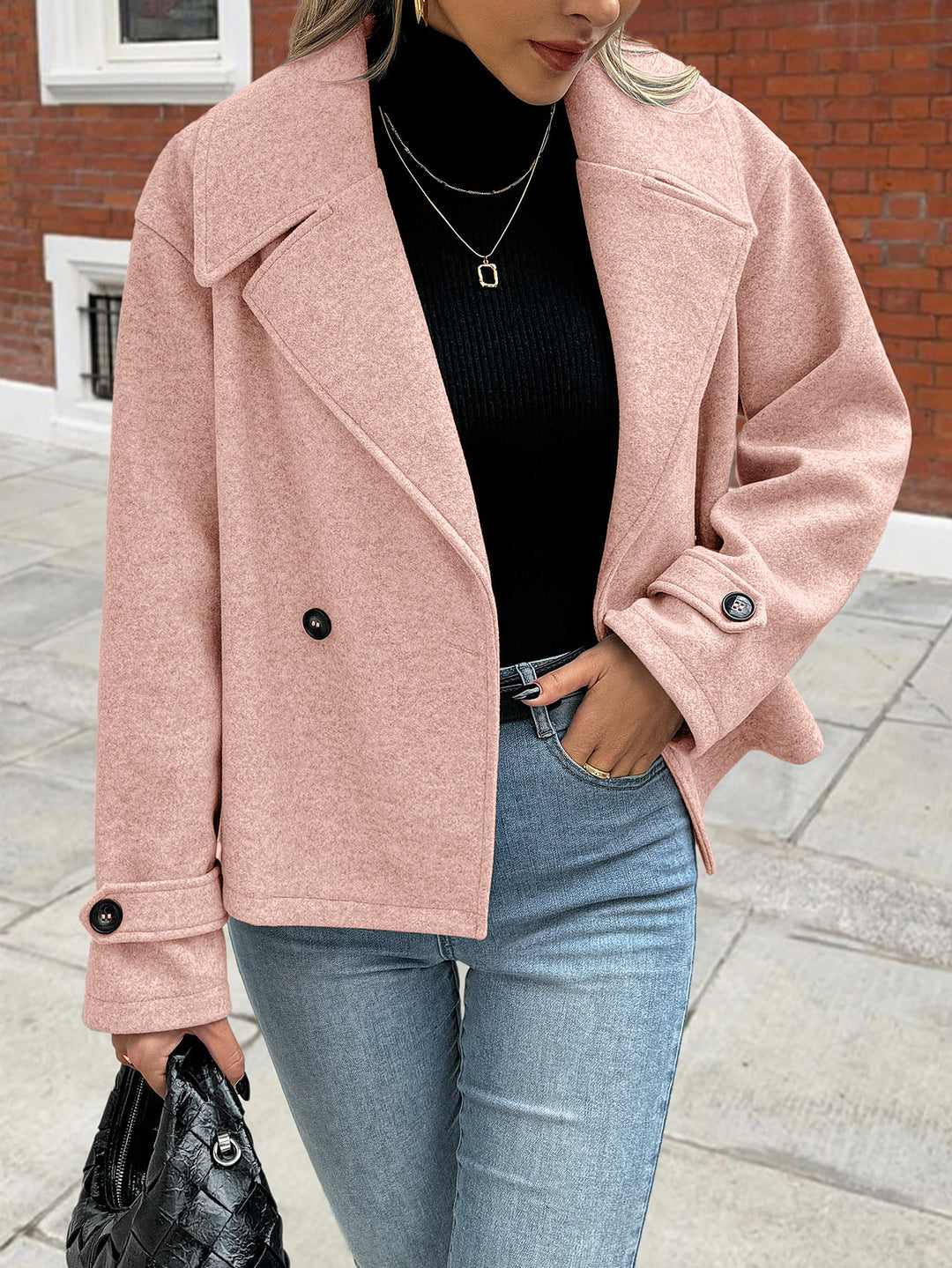 Pink Full Sleeve Stylized Collar Coat