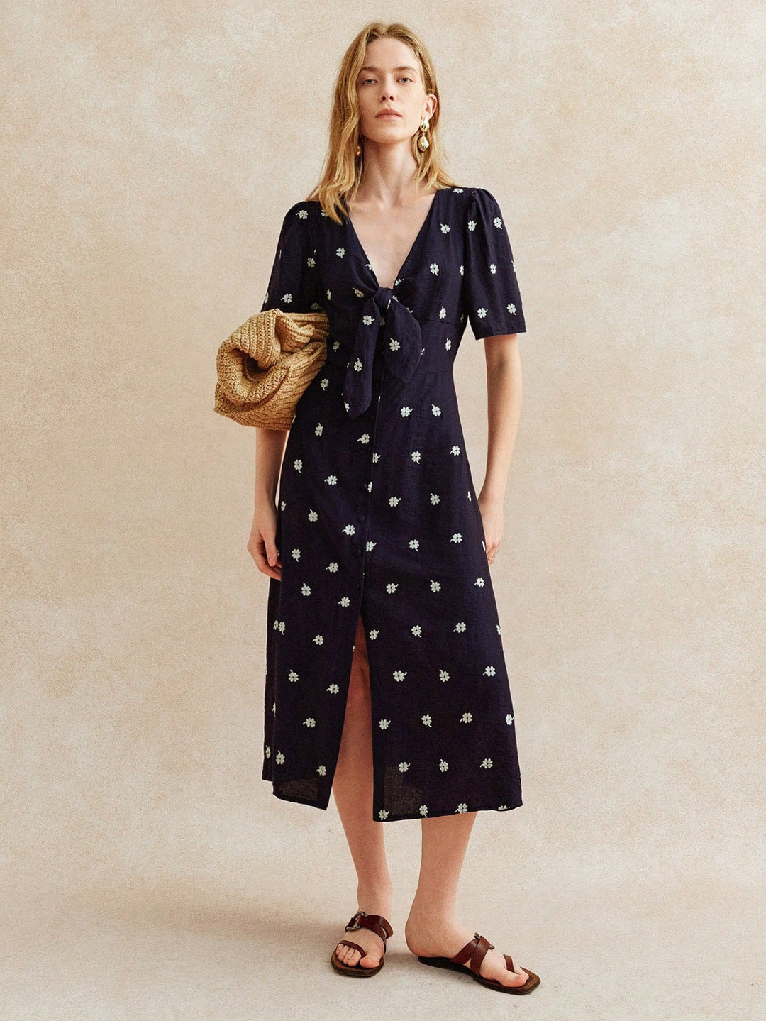 Navy Blue Short Sleeve V Neck Front Slit Dress