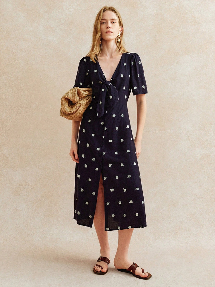 Navy Blue Short Sleeve V Neck Front Slit Dress
