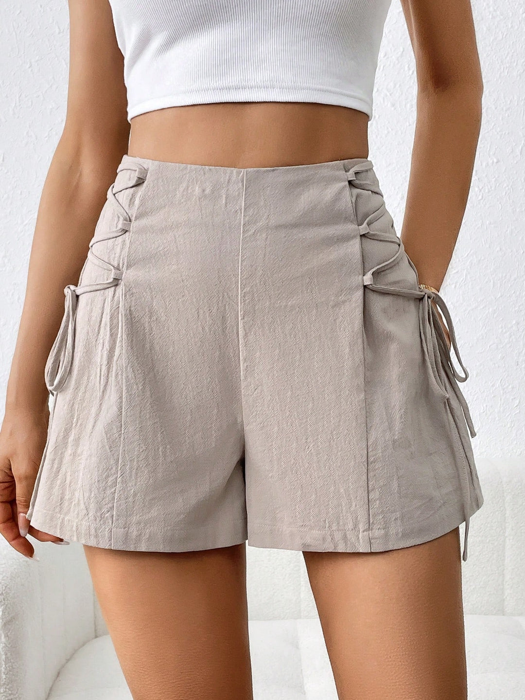 Beige High Waisted Side Gladiator Tie Up Shorts