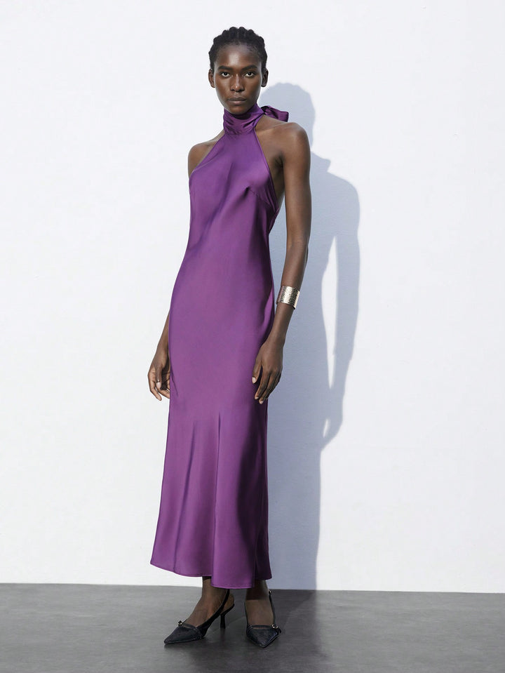 Purple Satin Back Bow Tie Up Maxi