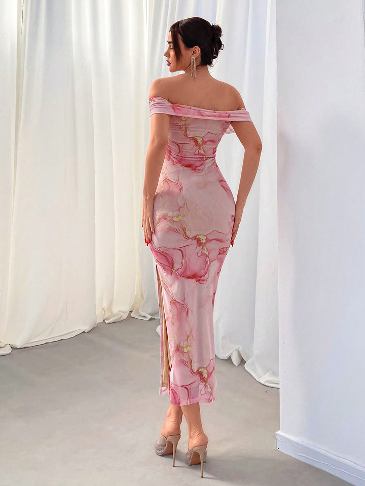 Pink Off Shoulder Floral Printed Dress