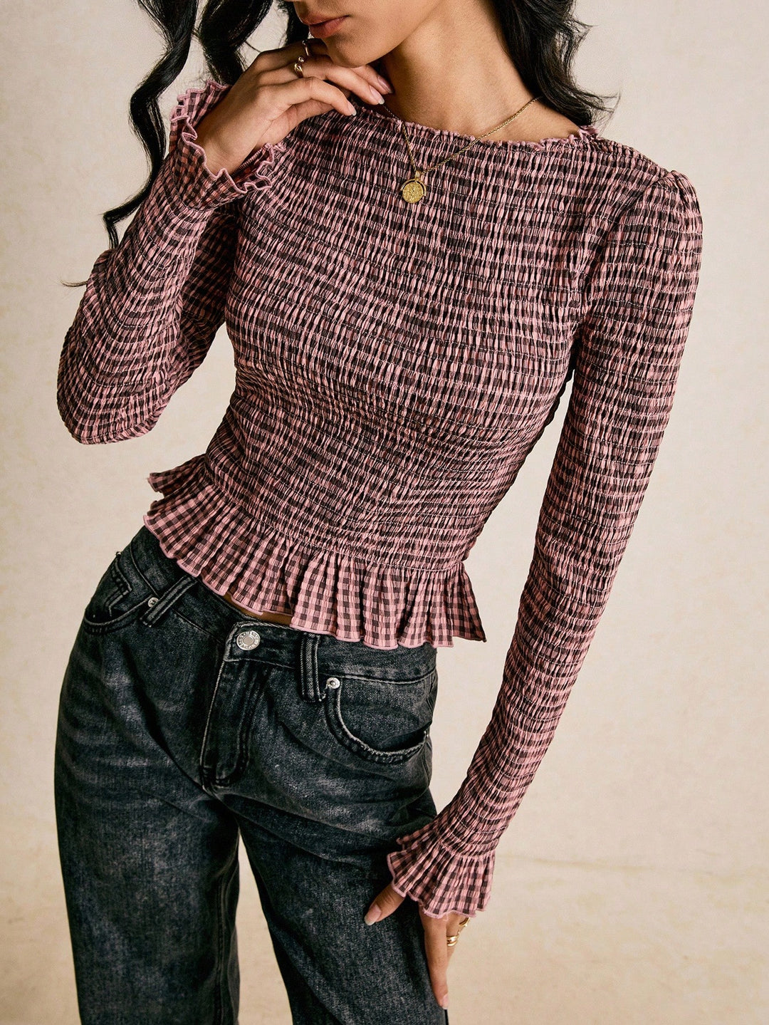 Multi Boat Neck Checkered Smocked Top